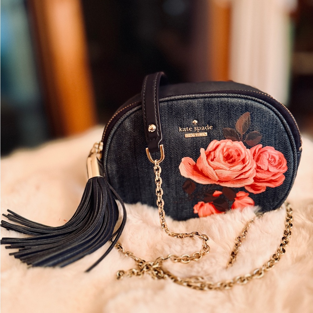 Kate Spade Denim Floral Rose Crossbody Bag Tassel Gold-tone Hardware